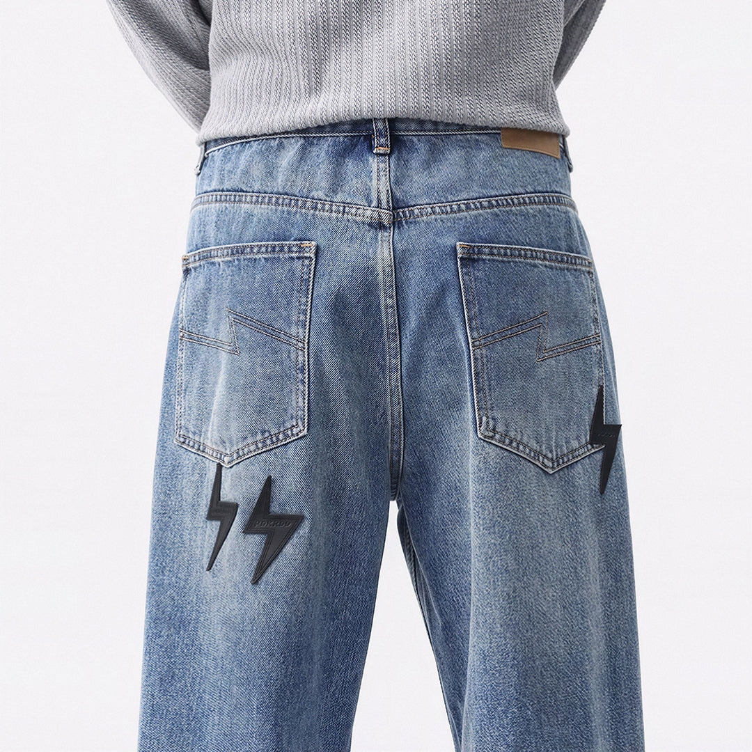 Men's Spring Washed Blue Black Lightning Wide Leg Jeans