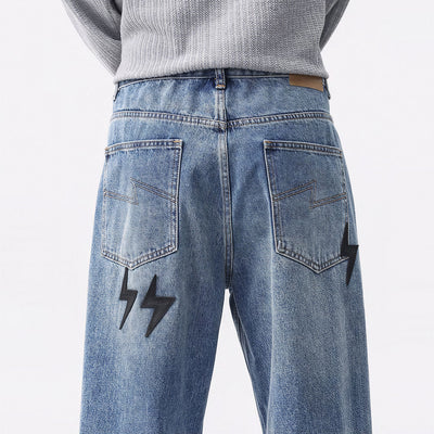 Men's Spring Washed Blue Black Lightning Wide Leg Jeans