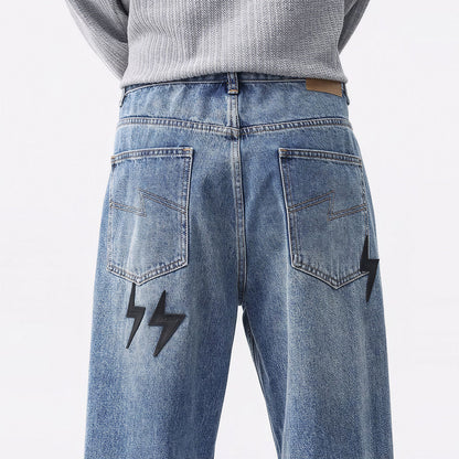 Men's Spring Washed Blue Black Lightning Wide Leg Jeans