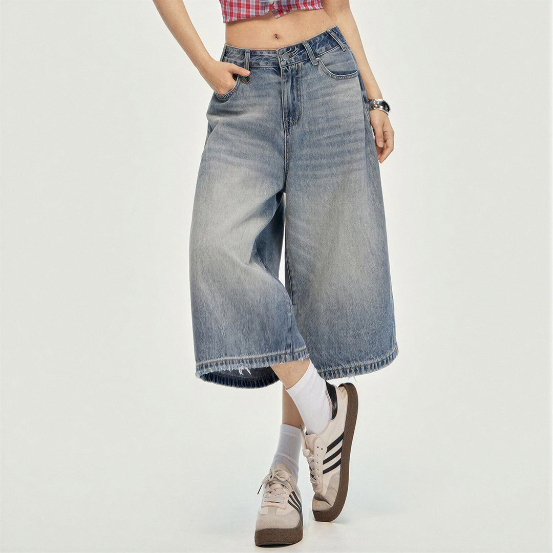 Women's Summer Gradient Washed Wide-Leg Denim Capri Pant