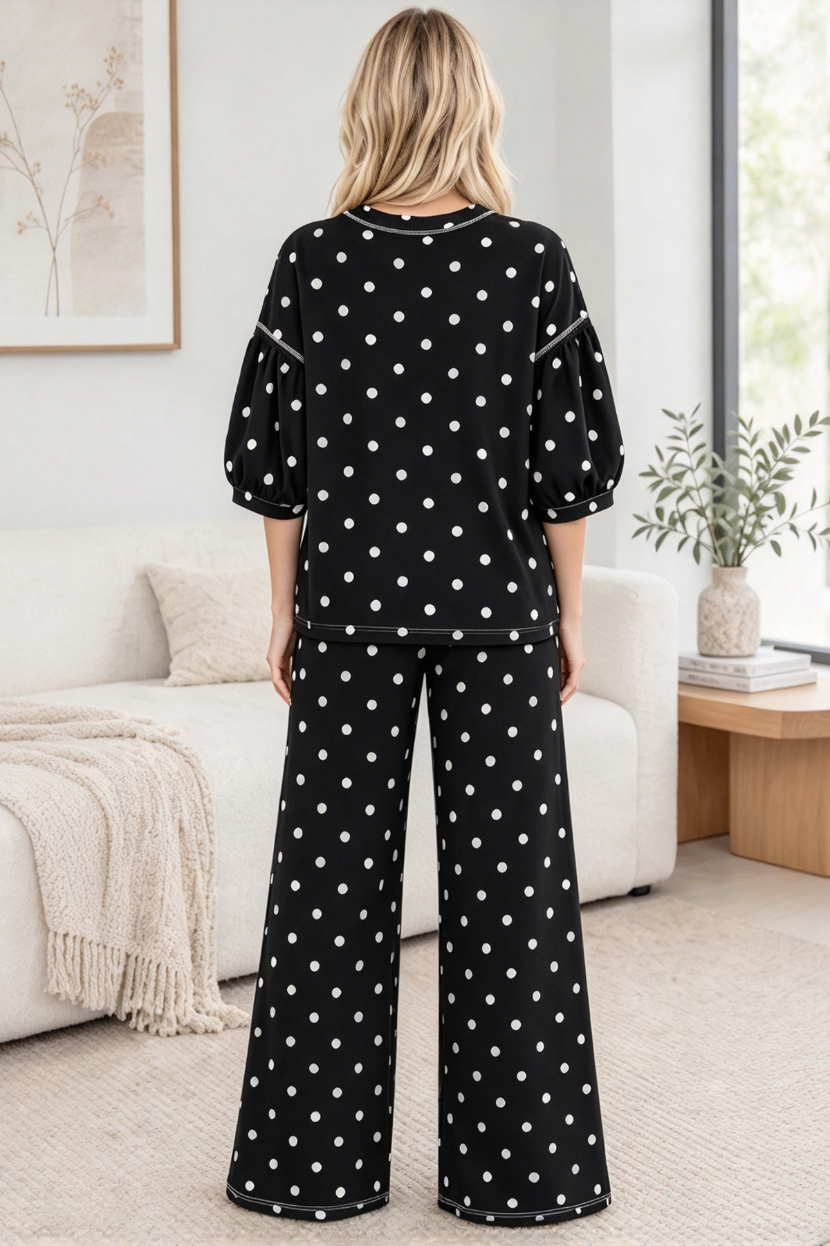 Women's Summer Polka Dot Print Midi Sleeve 2 Piece Set