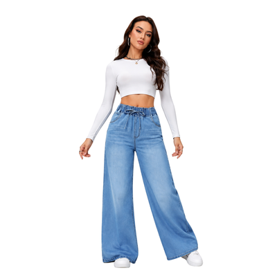 Women's Drawstring Elastic Waist Wide Leg Jeans