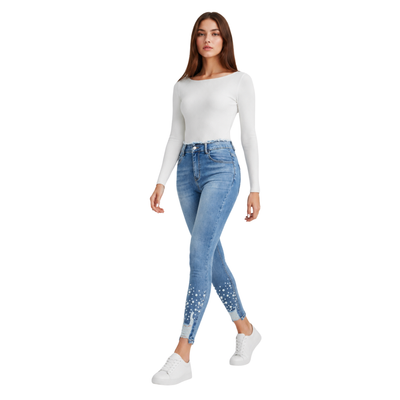Women's High Waist Pearl Embellished Stretch Skinny Jeans