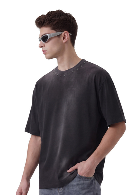Men's Summer 260g Retro Washed Rivet Distressed Fade Tee