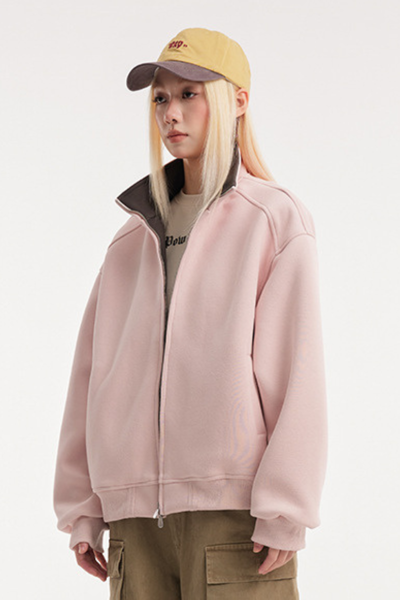 Unisex American Retro Stand Collar Zip Loose Hoodie Cleanfit