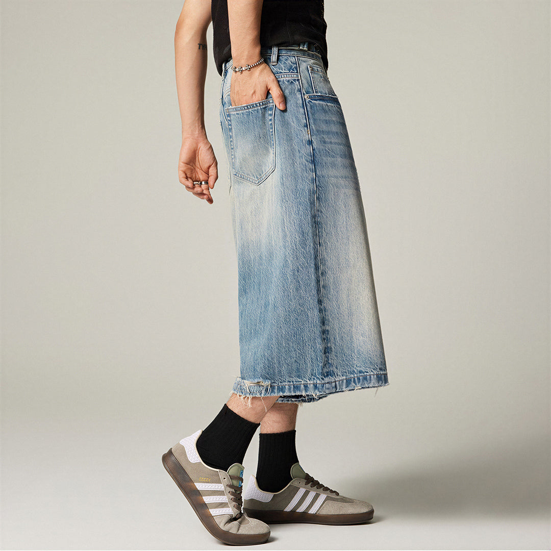 Men's Summer Vintage Washed Distressed Wide-Leg Denim Shorts