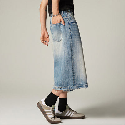Men's Summer Vintage Washed Distressed Wide-Leg Denim Shorts