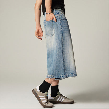 Men's Summer Vintage Washed Distressed Wide-Leg Denim Shorts