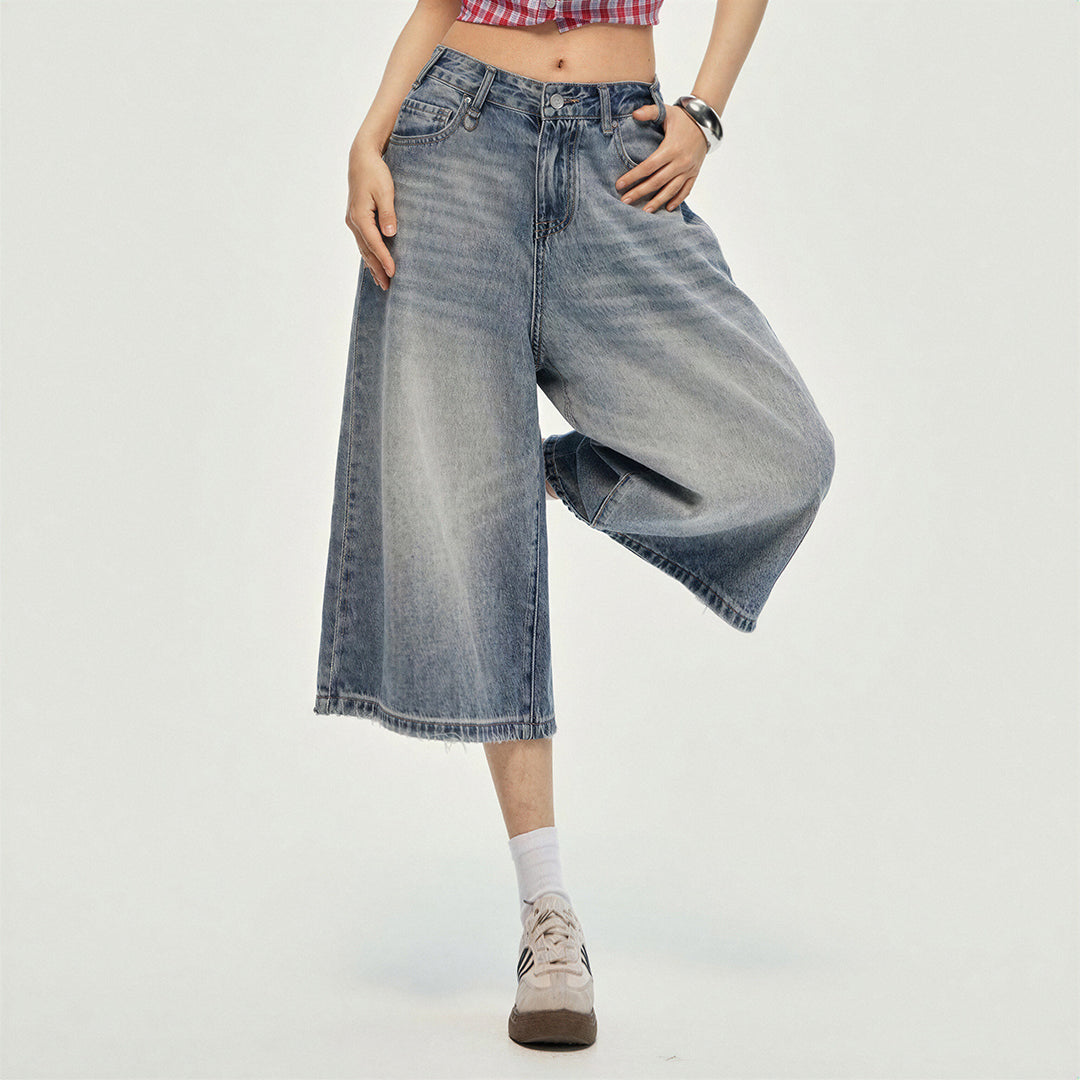 Women's Summer Gradient Washed Wide-Leg Denim Capri Pant