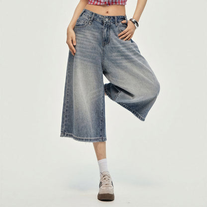 Women's Summer Gradient Washed Wide-Leg Denim Capri Pant