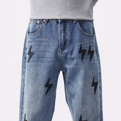 Men's Spring Washed Blue Black Lightning Wide Leg Jeans