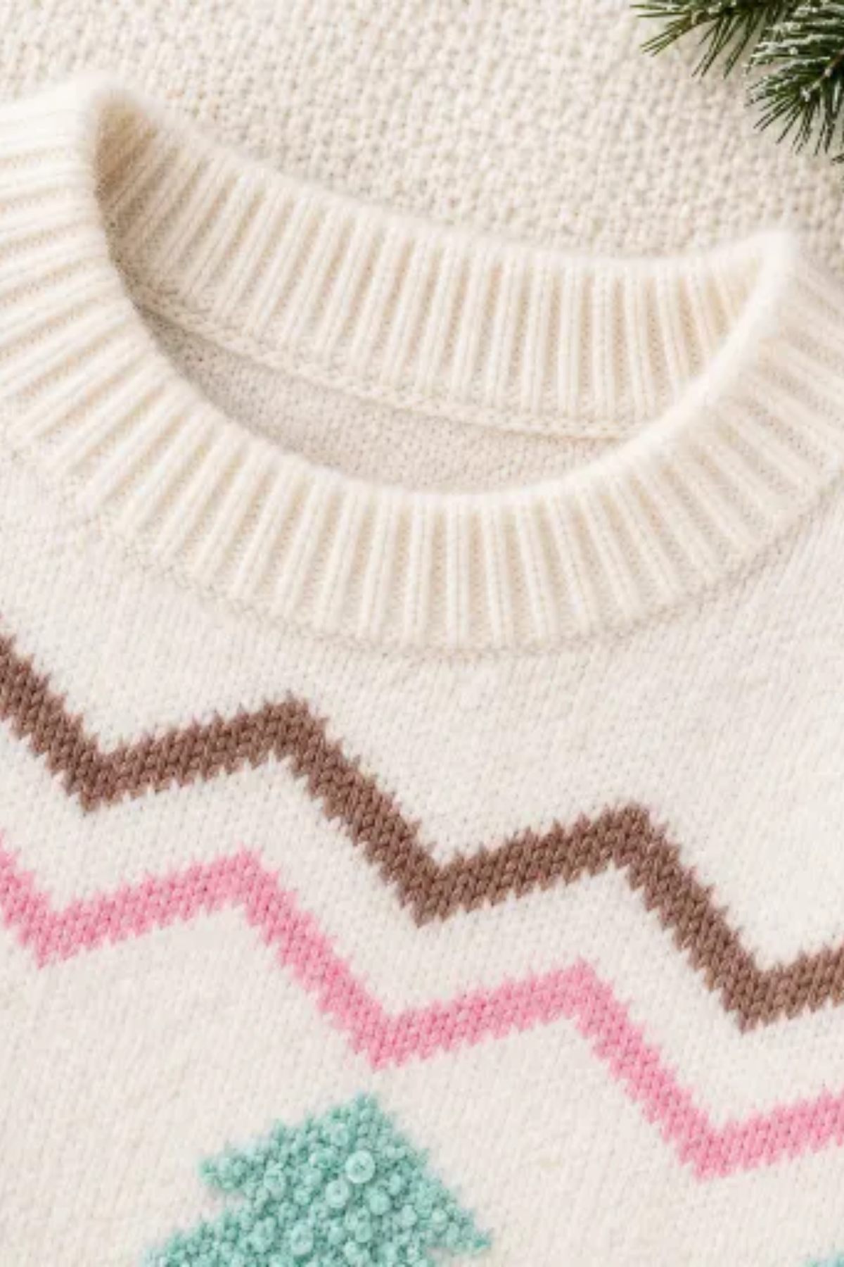 Women's Fall Christmas Tree Rib Trim Crew Neck Sweater