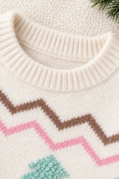 Women's Fall Christmas Tree Rib Trim Crew Neck Sweater