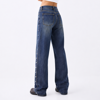 Women's High Waist Side Studded Wide Leg Jeans