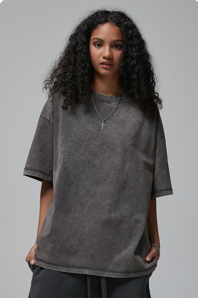 Women's Summer 275g Washed Batik Oversized Small Neck Tee