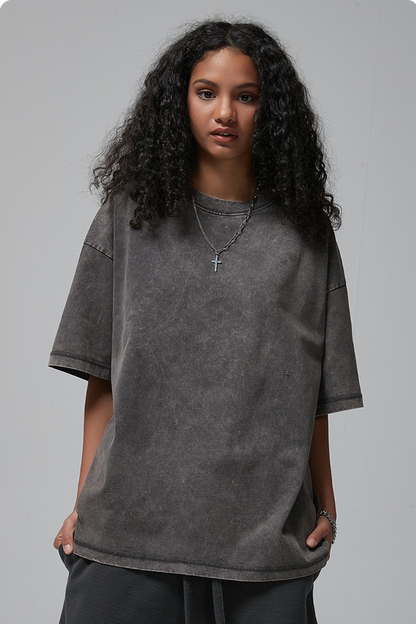 Women's Summer 275g Washed Batik Oversized Small Neck Tee