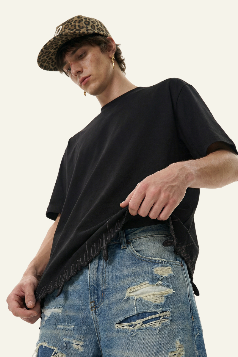Men's Streetwear  Embroidered Raw-Edge Drop-Shoulder T-Shirt