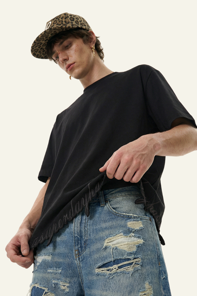Men's Streetwear  Embroidered Raw-Edge Drop-Shoulder T-Shirt