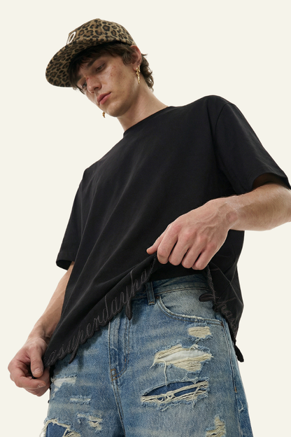Men's Streetwear  Embroidered Raw-Edge Drop-Shoulder T-Shirt