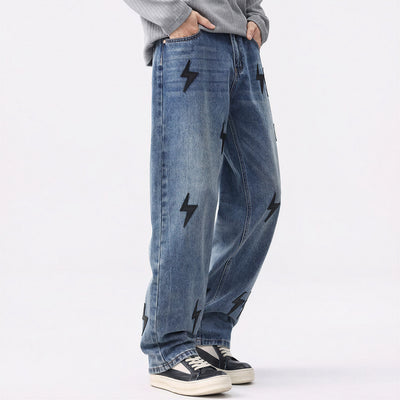 Men's Spring Washed Blue Black Lightning Wide Leg Jeans