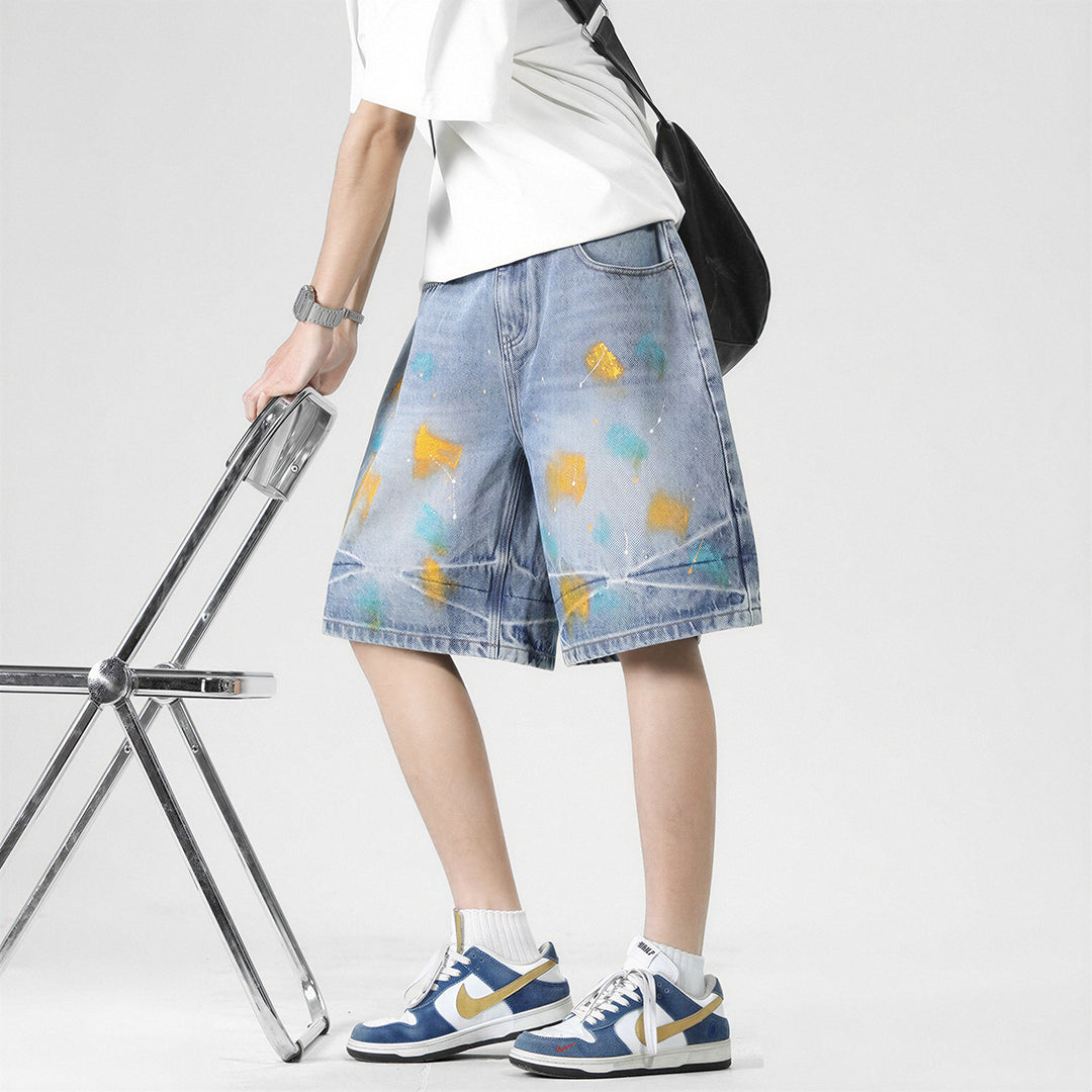 Men's Summer Colorful Splash Ink Washed Baggy Denim Shorts