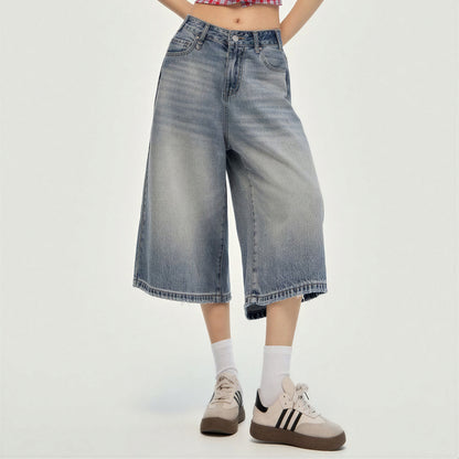 Women's Summer Gradient Washed Wide-Leg Denim Capri Pant