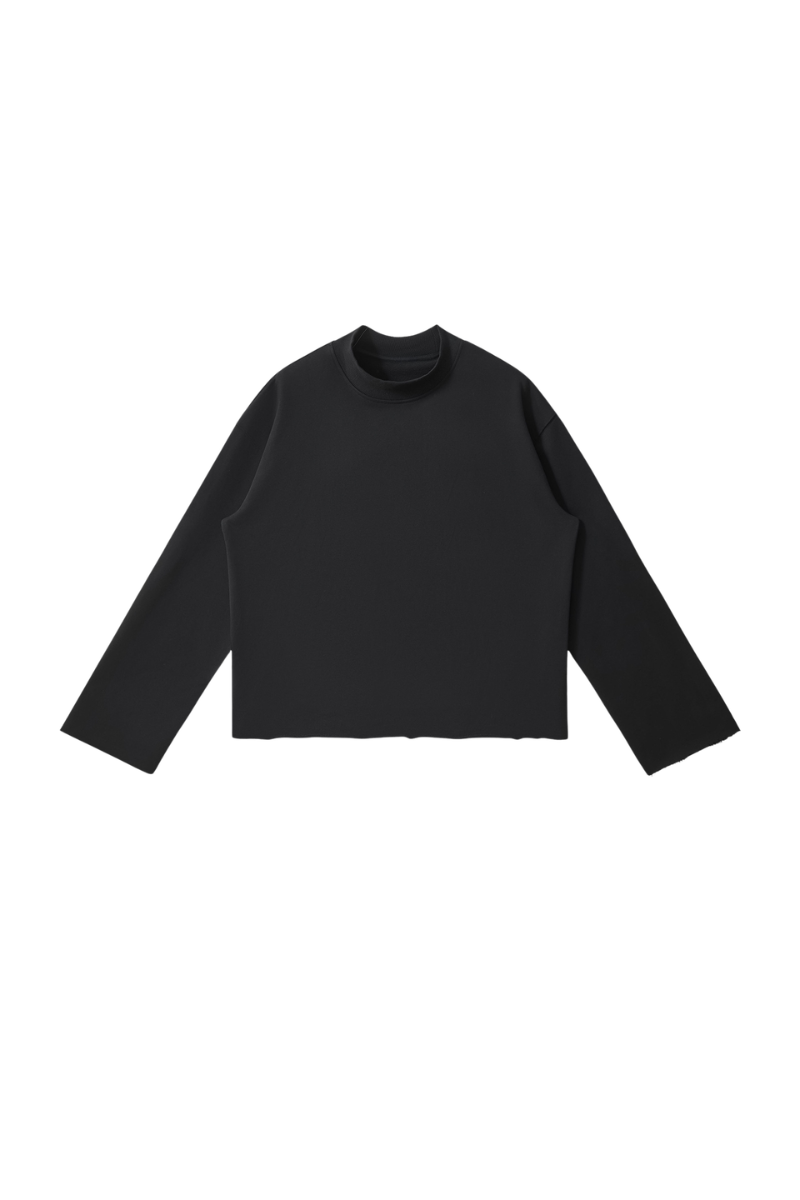 Women Fall Boxy Frayed Hem Mock Neck Long Sleeve Top