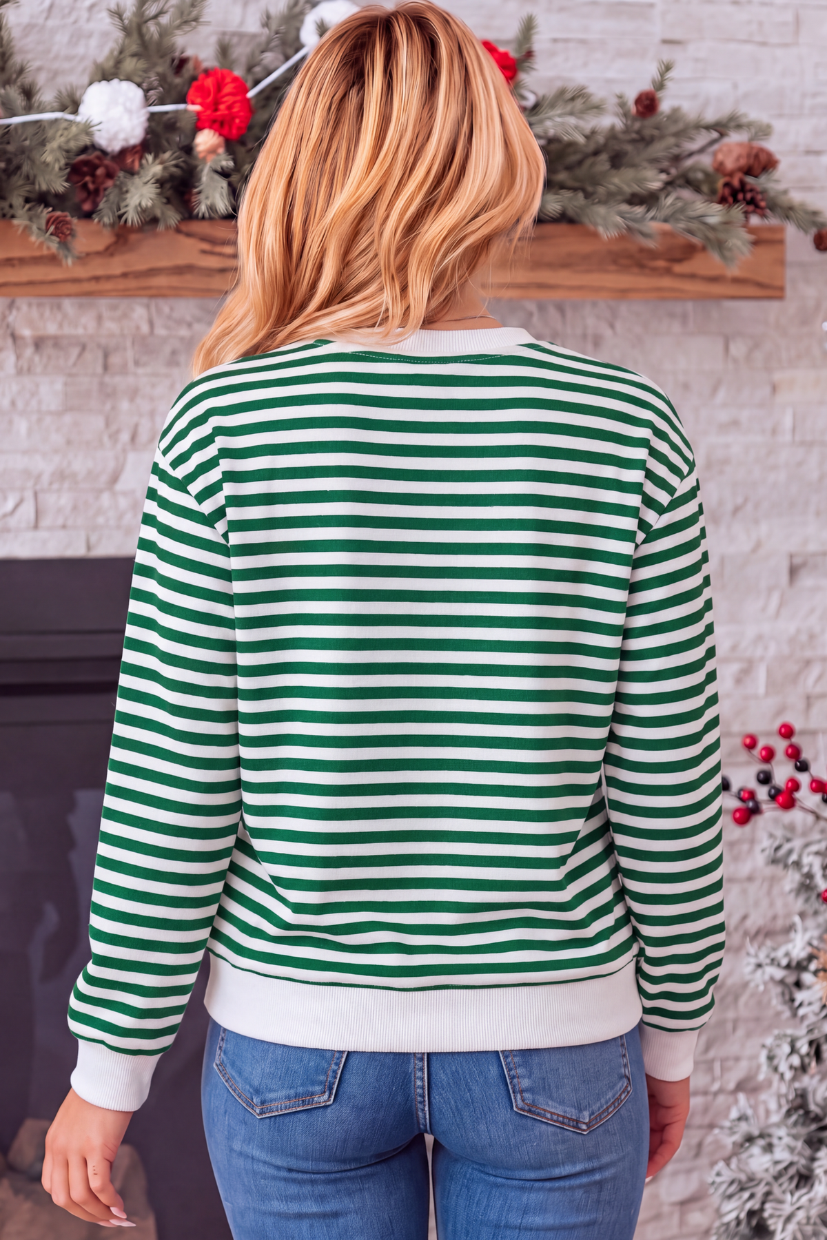 Women's Fall Christmas Cow Graphic Striped Crew Sweatshirt