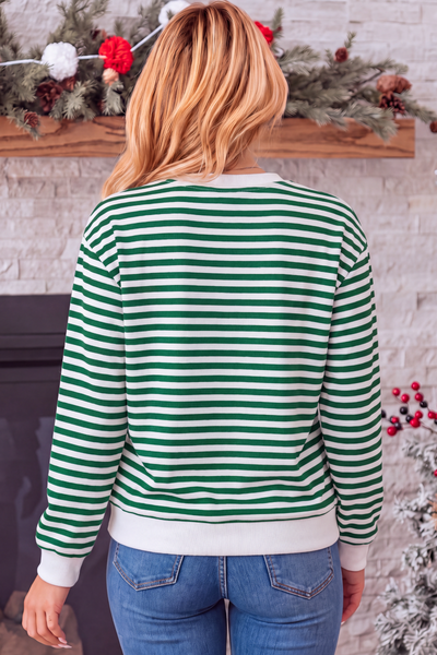 Women's Fall Christmas Cow Graphic Striped Crew Sweatshirt