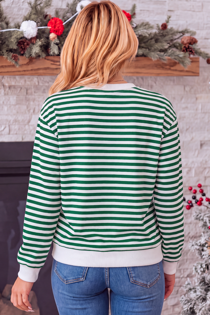 Women's Fall Christmas Cow Graphic Striped Crew Sweatshirt