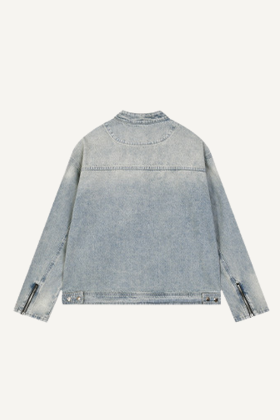 Men's 385g Washed Patchwork Denim StandCollar Zip Jacket