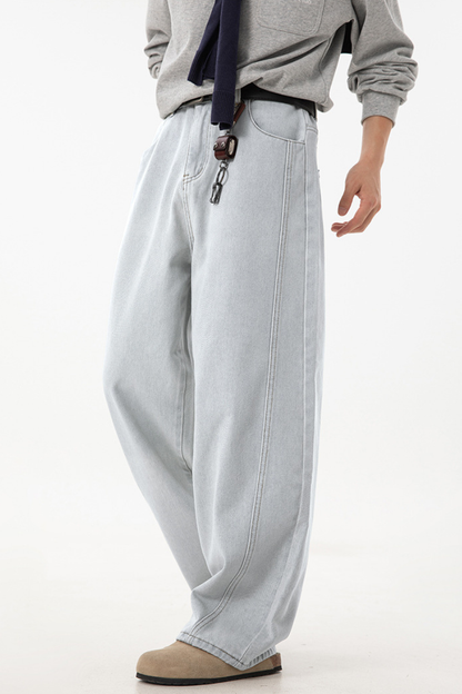 Men's Spring  Vintage Washed Panel Curved Loose Jeans