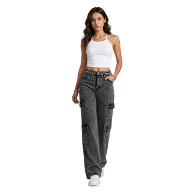 Women's High Waist Cargo Straight Jeans