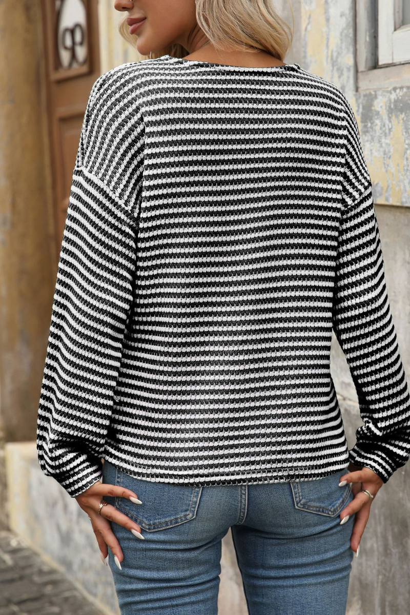 Women Spring Striped Button V Neck Long Sleeve Top