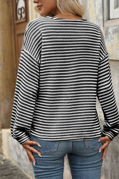 Women Spring Striped Button V Neck Long Sleeve Top