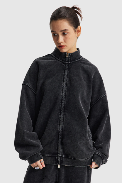 Women's Cotton Streetwear Wax-Dyed Washed Stand Collar Distressed Jacket