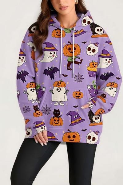 Women Fall Clothing Halloween Cat Ghost Pullover Hoodie