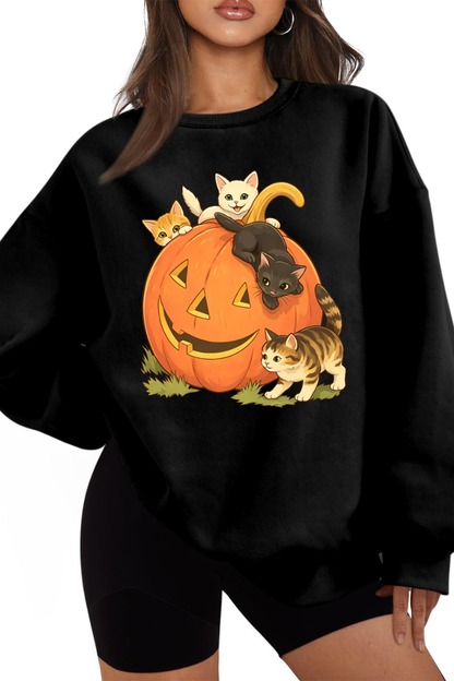 Women Fall Halloween Cat Pumpkin Oversized Sweatshirt