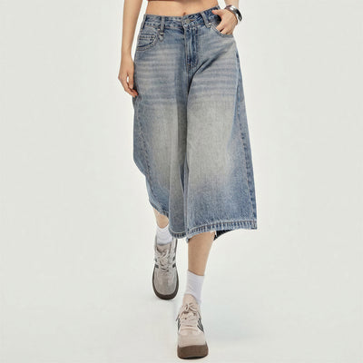 Women's Summer Gradient Washed Wide-Leg Denim Capri Pant