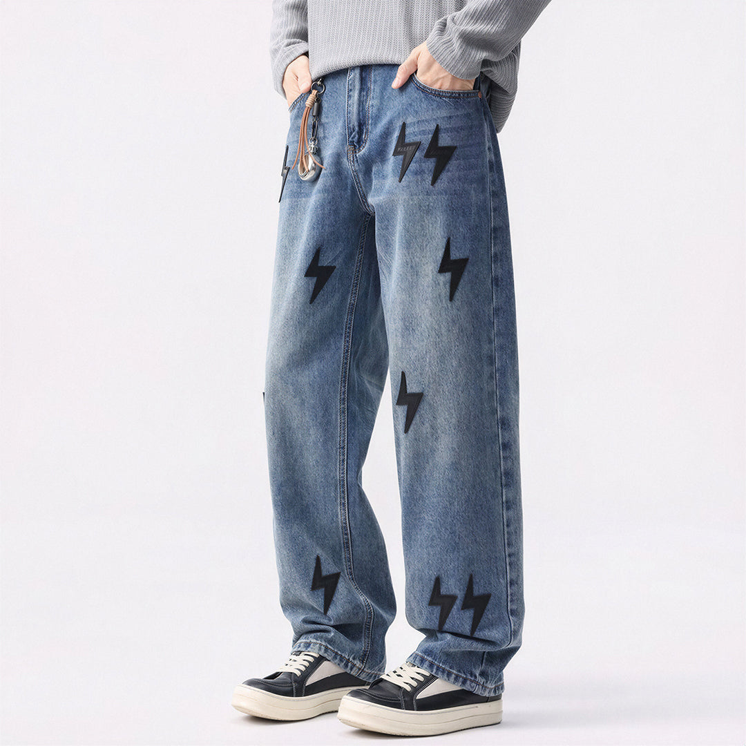 Men's Spring Washed Blue Black Lightning Wide Leg Jeans