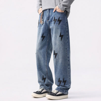 Men's Spring Washed Blue Black Lightning Wide Leg Jeans