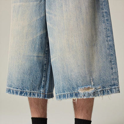 Men's Summer Vintage Washed Distressed Wide-Leg Denim Shorts