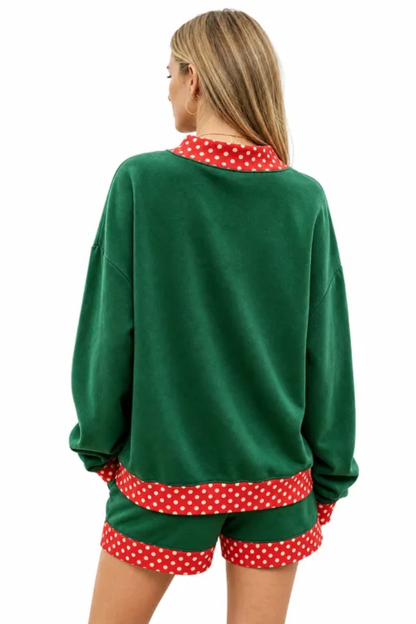 Women Fall Polka Dot Mock Neck Sweatshirt Shorts Set