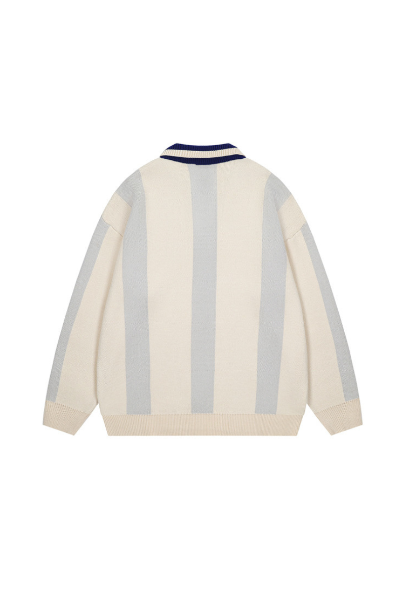 Men's Fall Vertical-Stripe Colorblock Polo Knit Sweater