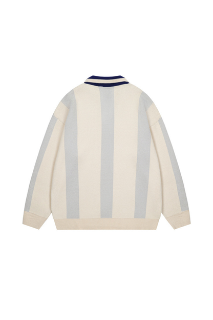 Men's Fall Vertical-Stripe Colorblock Polo Knit Sweater