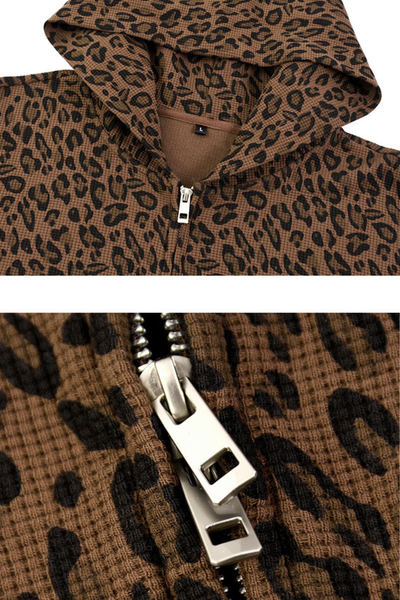 Unisex Fall Winter Leopard-Print Zip-Up Hooded Jacket