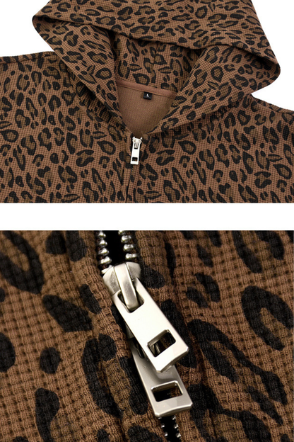 Unisex Fall Winter Leopard-Print Zip-Up Hooded Jacket