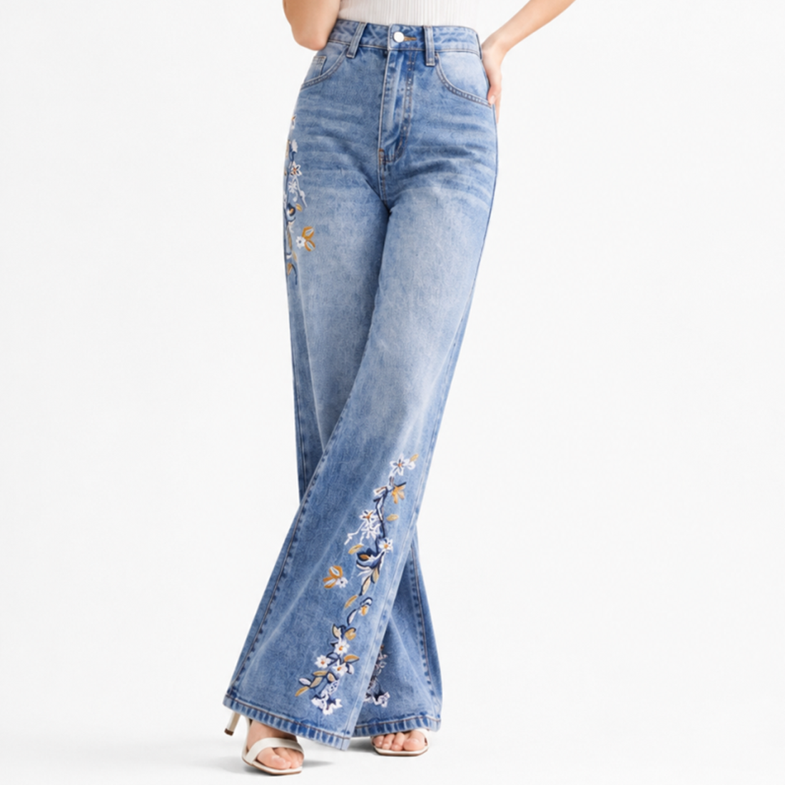 Women's High Waist Side Studded Wide Leg Jeans