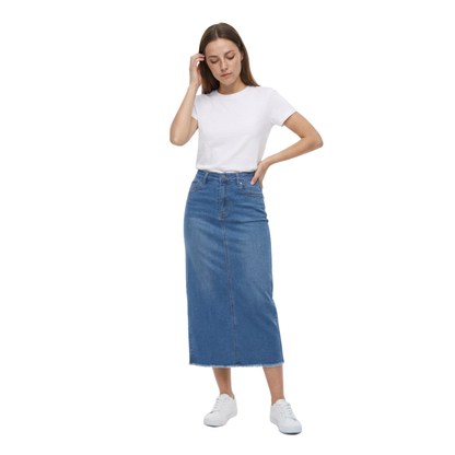 Women's High Waist A-Line Front Slit Denim Midi Skirt
