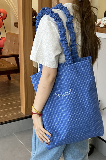 Women Fall Ruffle Strap Plaid Large Capacity Tote Bag